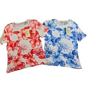 Vintage Basic Editions Floral Tee Lot of 2 Women S Blue Red Tropical Sequin NWD